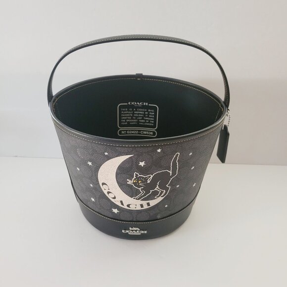 Coach CW536 Halloween Cat Graphic Trick Treat Bucket Bag Tote Charcoal Black - Picture 2 of 7